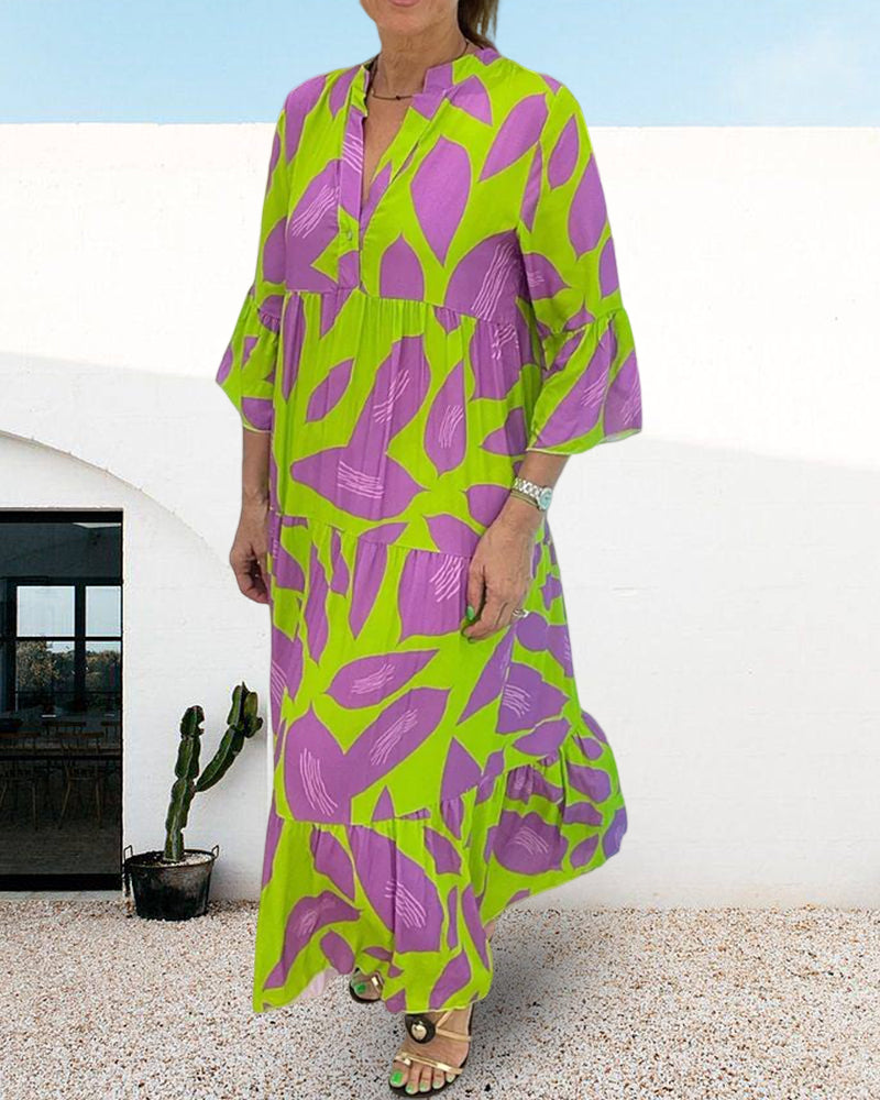 Utskrift av blader   Kjole med korte ermer