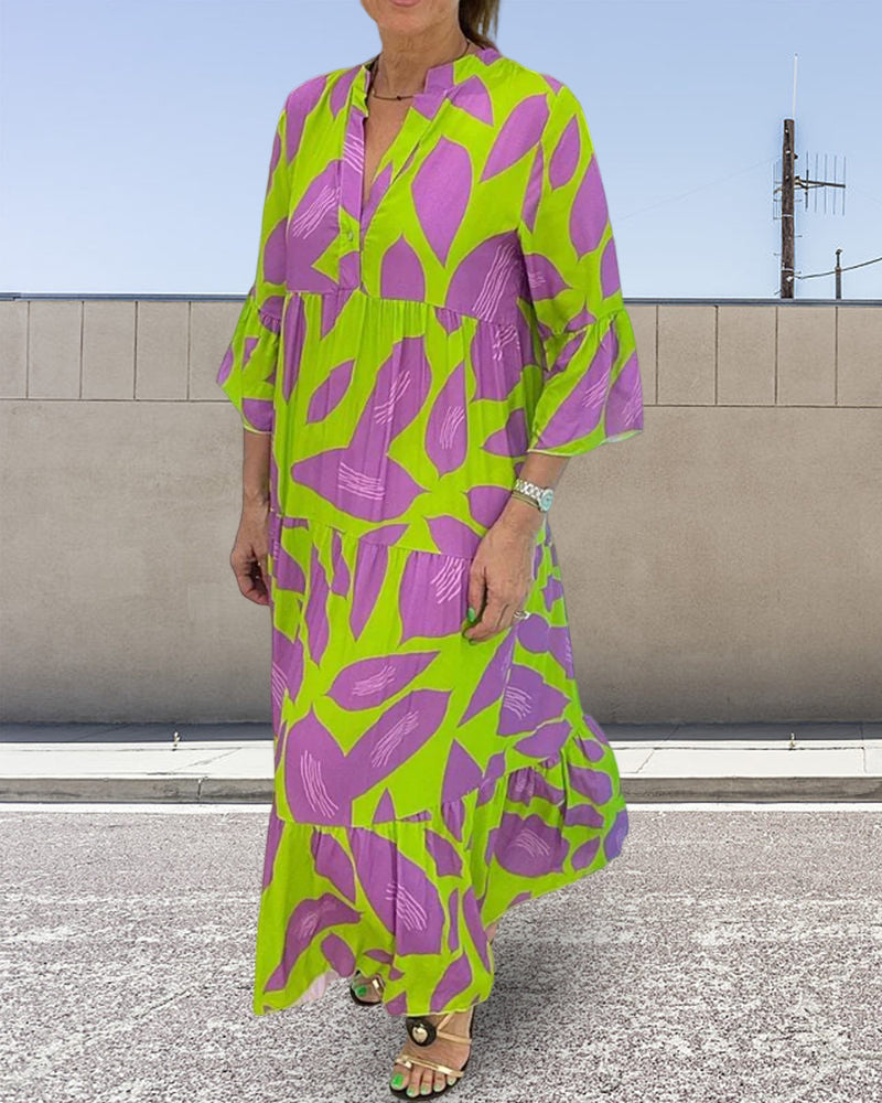 Utskrift av blader   Kjole med korte ermer