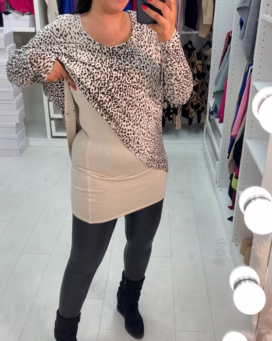 Langermet topp med rund hals i leopardmønster