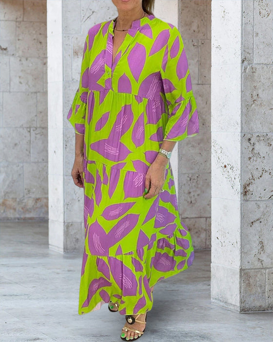 Utskrift av blader   Kjole med korte ermer