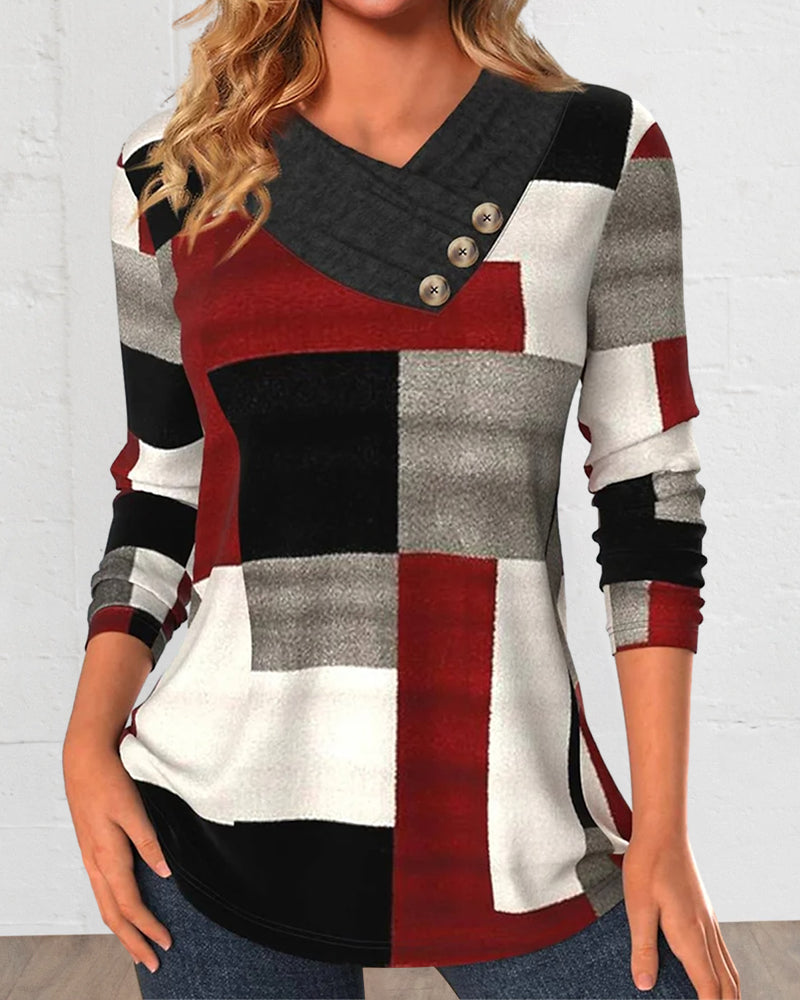 Colorblock Topp V-Hals Lange Ermer
