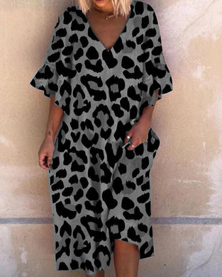 V-hals løs kjole med leopard trykt