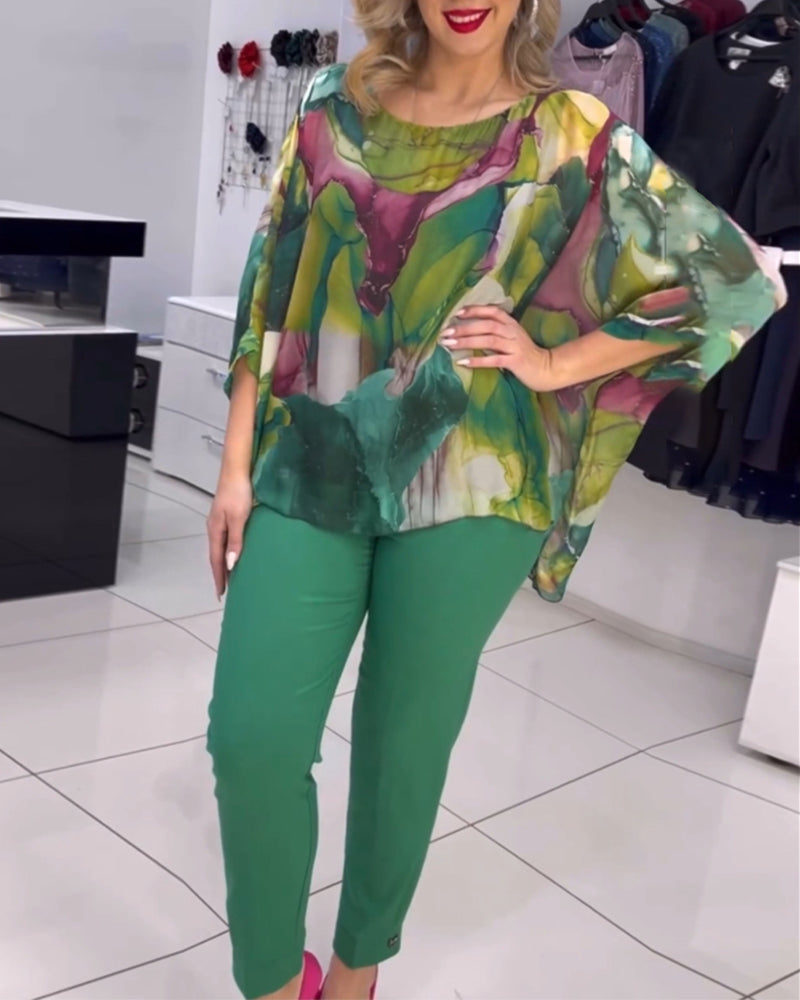 Bluse med flaggermuserm med rund hals