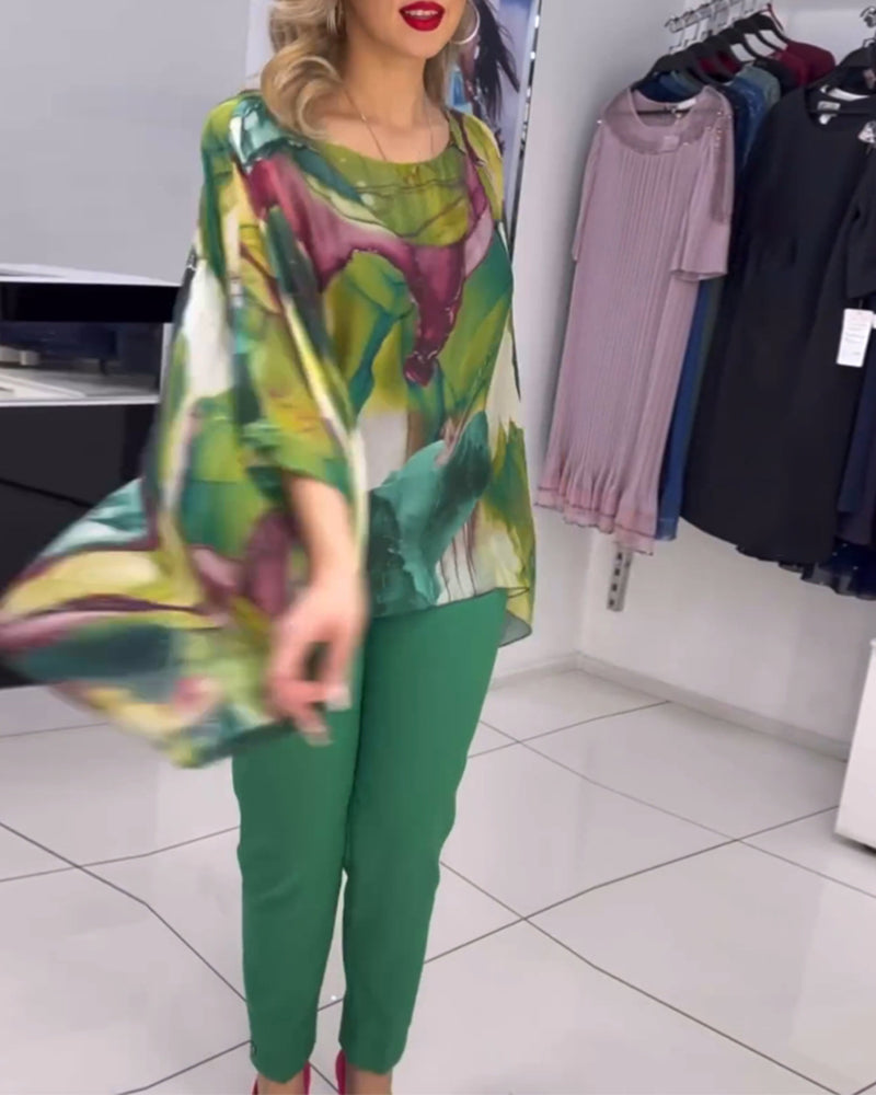 Bluse med flaggermuserm med rund hals