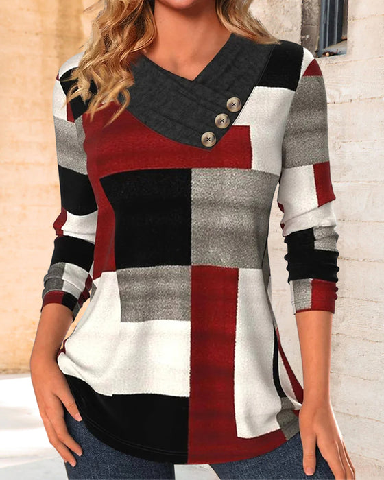 Colorblock Topp V-Hals Lange Ermer