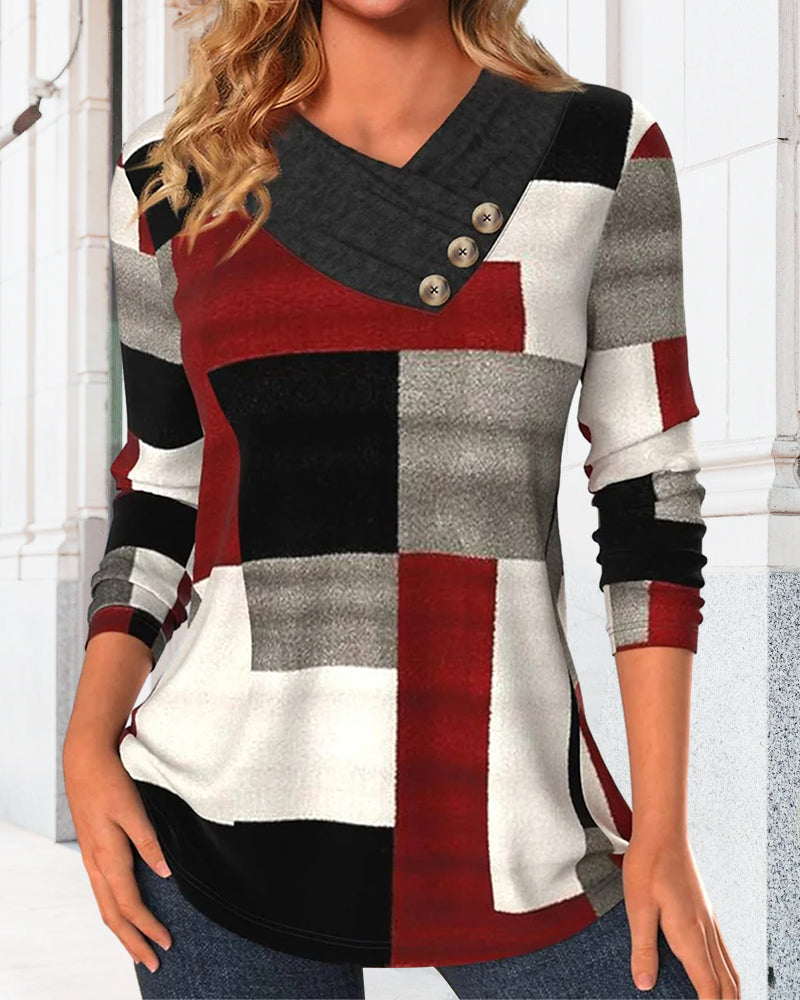 Colorblock Topp V-Hals Lange Ermer