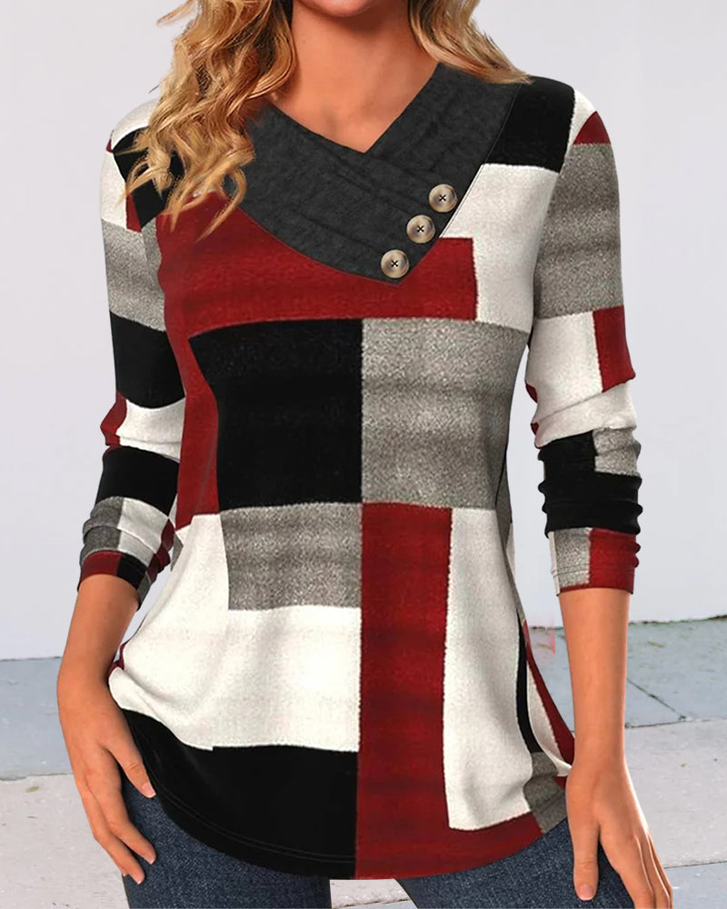 Colorblock Topp V-Hals Lange Ermer