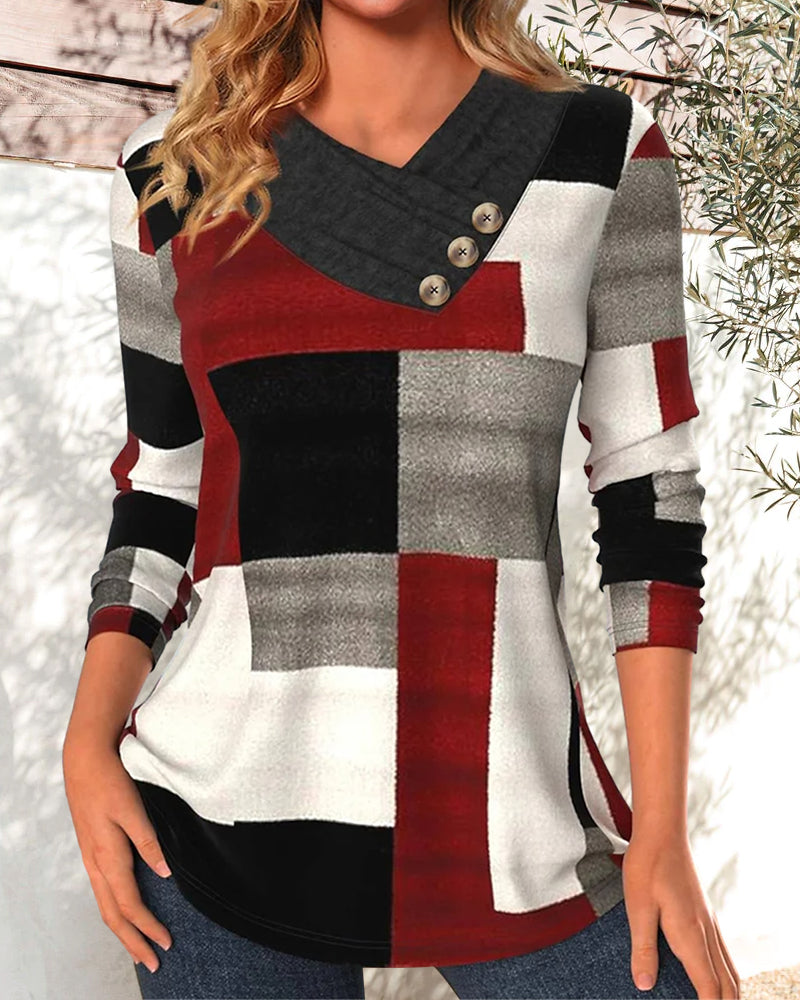 Colorblock Topp V-Hals Lange Ermer
