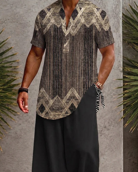 Bluse V-Hals Stripet Menn Kort Erme