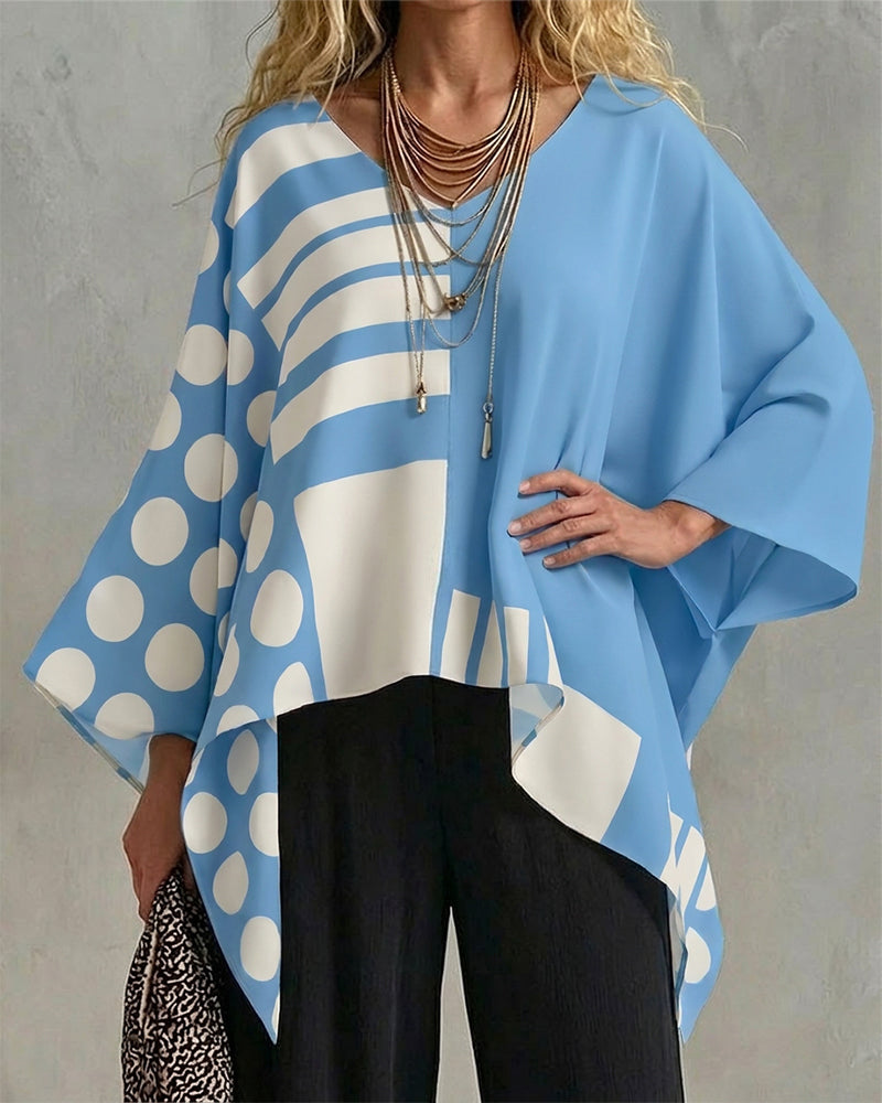 Bluse Polka Dot Stripe Patchwork V Hals