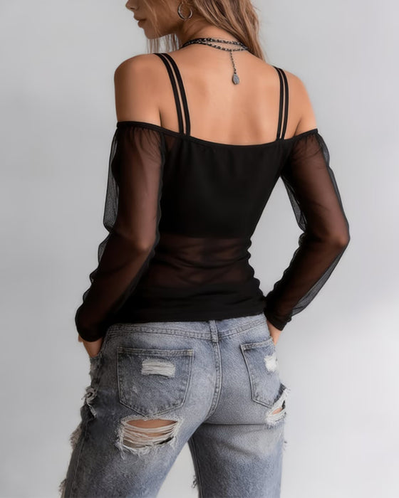 T-Shirt Spagettistrap Off-Shoulder Sheer