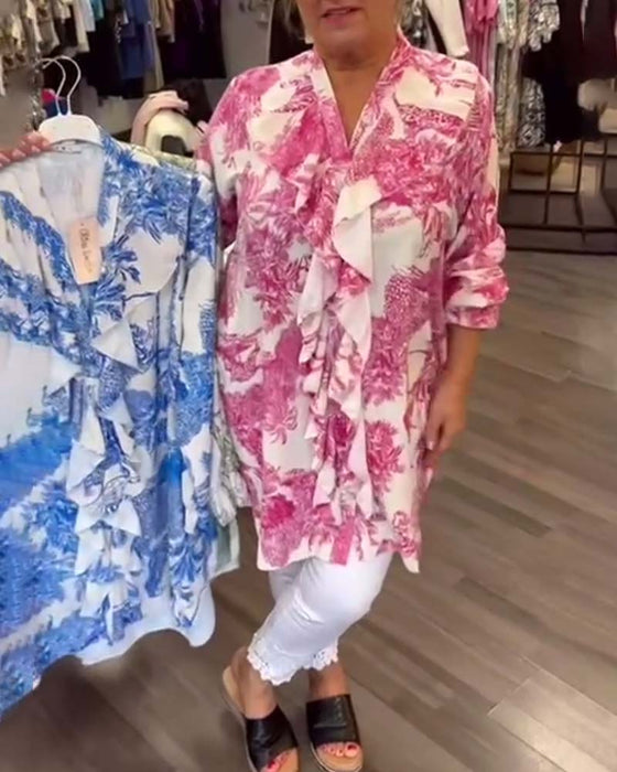 Uformell bluse med volang med skånsom trykk