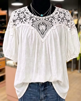 Bluse Puff Kort Erme Blonde Lappeteppe V-Hals