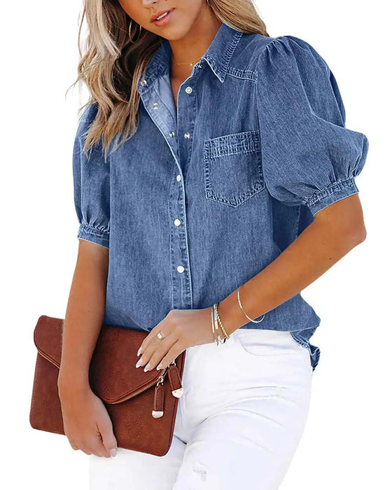 Skjorte Trykknapp Denim Lanterne Erme Løs