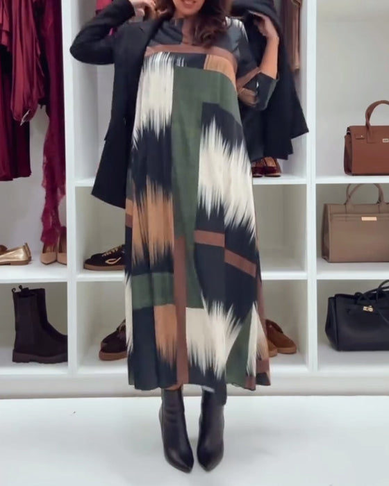 Stilfull Trykt Kjole Med Rund Hals Og Lange Ermer