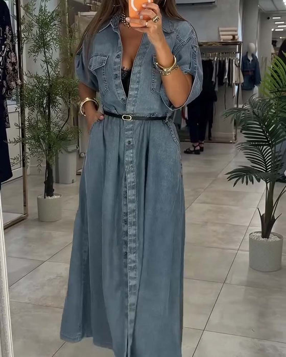 Kjole Skjorte Krage Lomme Knapp Denim