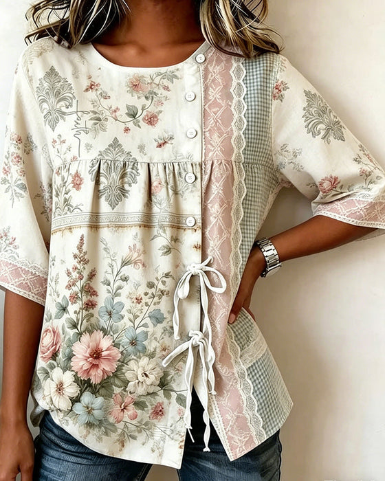 Bluse Retro Blomstermønster Avslappet