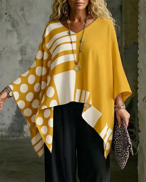 Bluse Polka Dot Stripe Patchwork V Hals