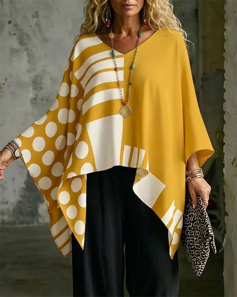 Bluse Polka Dot Stripe Patchwork V Hals