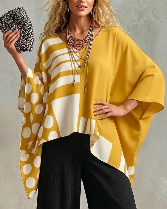 Bluse Polka Dot Stripe Patchwork V Hals