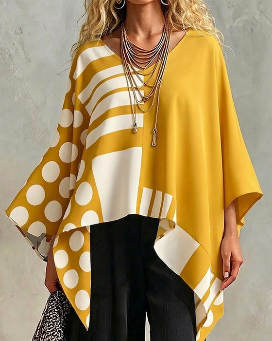 Bluse Polka Dot Stripe Patchwork V Hals