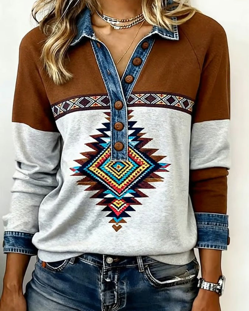 Trykt Fargeblokkert Genser Med Knappkrage