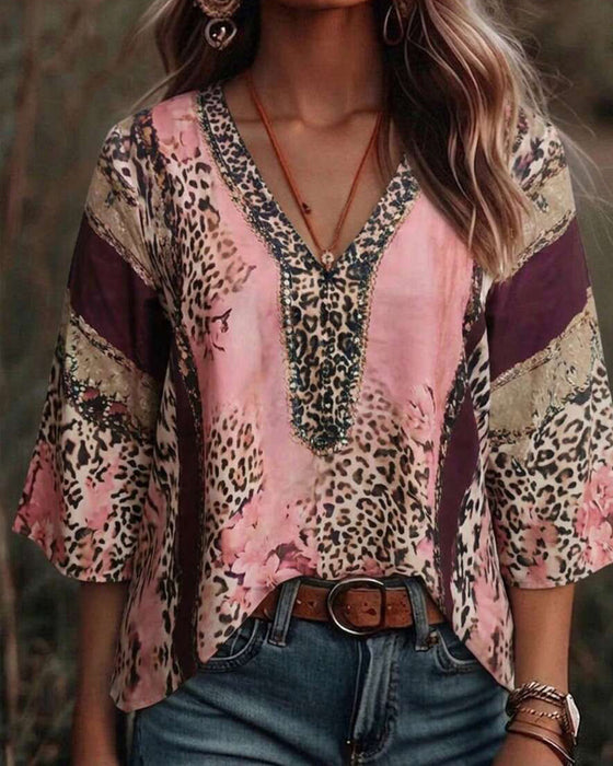 Bluse V-Hals Leopard Fargeblokk