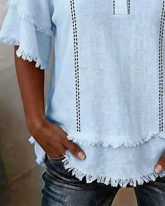 Bluse V-Hals Ruffle Lag Halvknapping Knapp