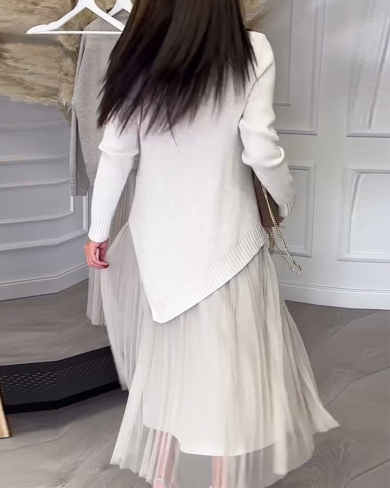 To-Delt Sett Med Genser Og Skjørt I Rund Hals Og Uregelmessig Design