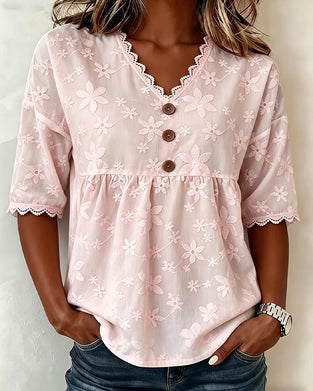 Bluse Tredimensjonal Blomst V-Hals Halv Erme