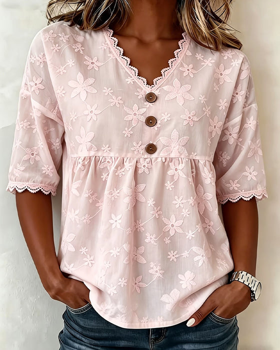 Bluse Tredimensjonal Blomst V-Hals Halv Erme