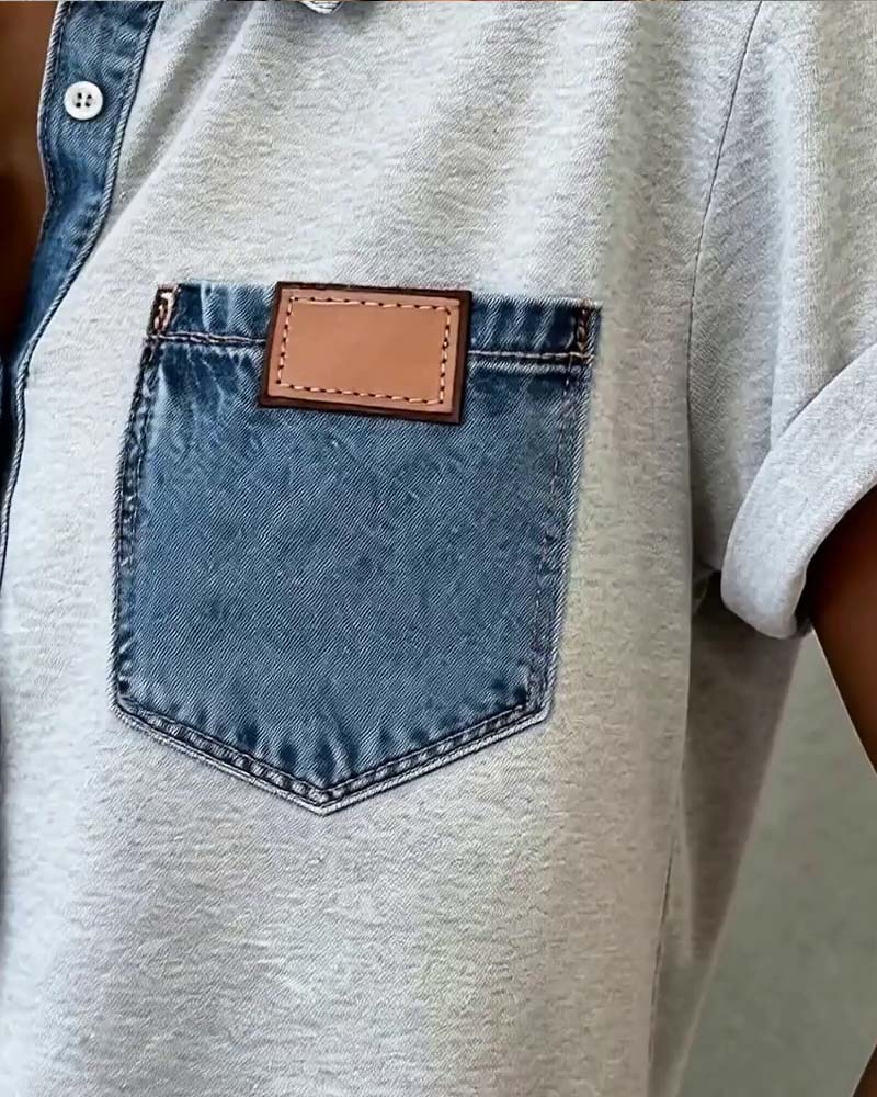 T-Skjorte Denim Patchwork Nedbrettet Krage