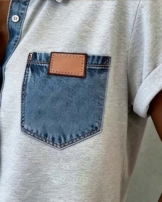 T-Skjorte Denim Patchwork Nedbrettet Krage