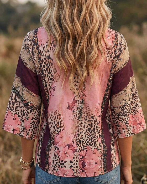 Bluse V-Hals Leopard Fargeblokk