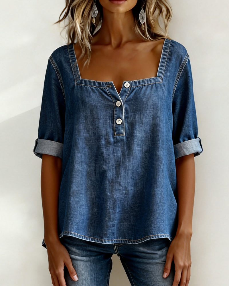 Skjorte Firkantet Hals Denim Halv Erme