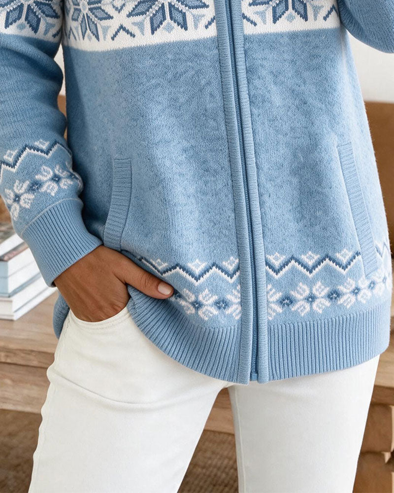 Cardigan Med Hetting Glidelås Snøfnugg Trykk