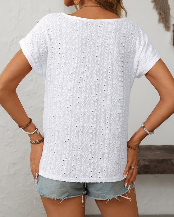 Bluse Rund Hals Knapper Utskjæring Kort Erme