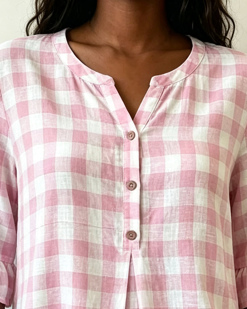 Bluse V-Hals Knapp Foran Rutete Ruffle