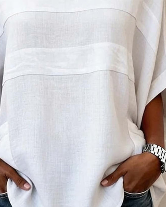 Bluse Flagermuserme Loose-Fit Bomull Og Lin Rundhalset