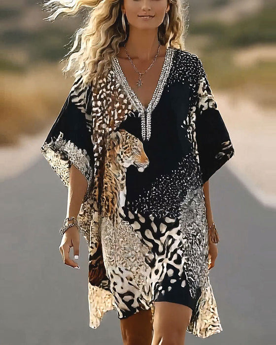 Kjole V-Hals Leopard Fargeblokk