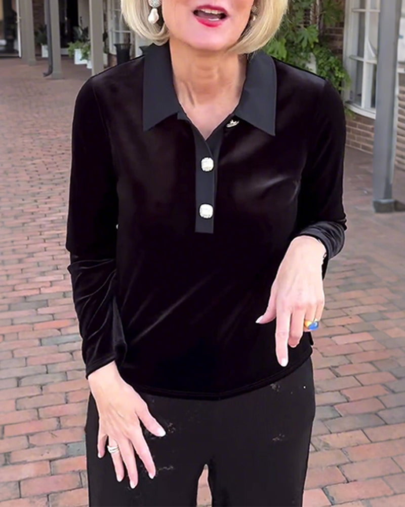 Elegant ensfarget langermet bluse i fløyel