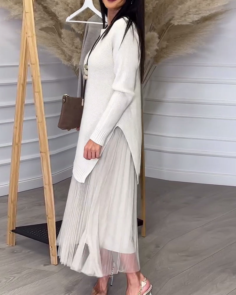 To-Delt Sett Med Genser Og Skjørt I Rund Hals Og Uregelmessig Design