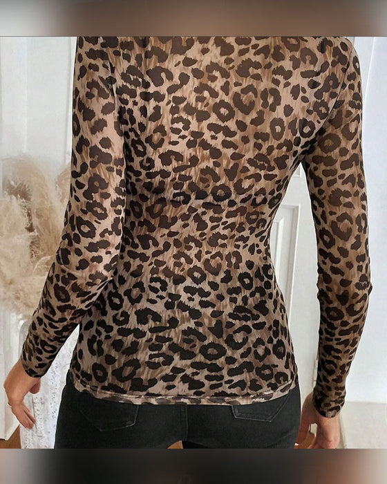 Topp Leopardmønster Rund Hals Lang Erme