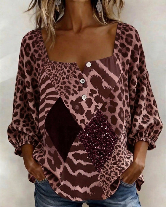 Bluse Firkantet Hals Leopardmønster Lappeteppe Paljett