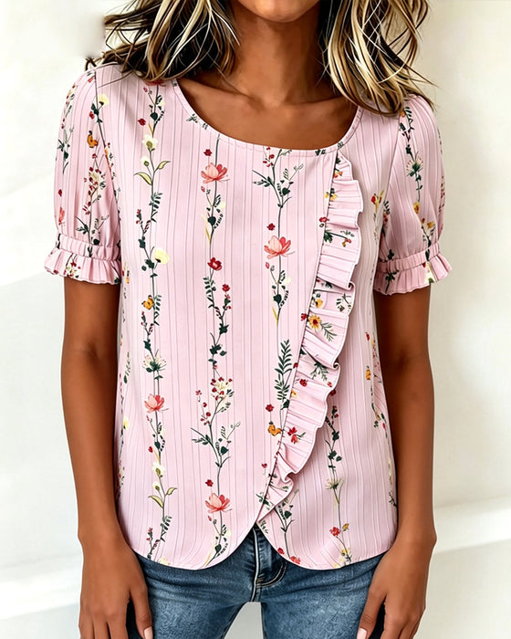 Bluse Ruffle Blomstertrykk Pufferme