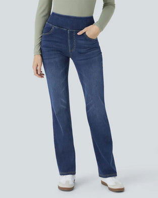 Bukser Høy Midje Denim Lomme Vide Bena