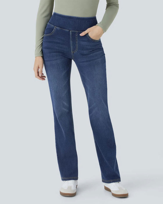 Bukser Høy Midje Denim Lomme Vide Bena