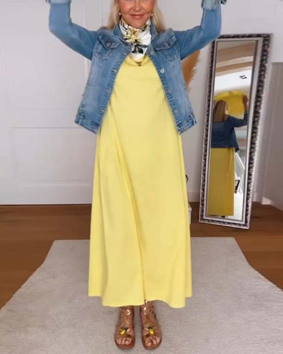 Kjole Casual Rund Hals Ensfarget Rett