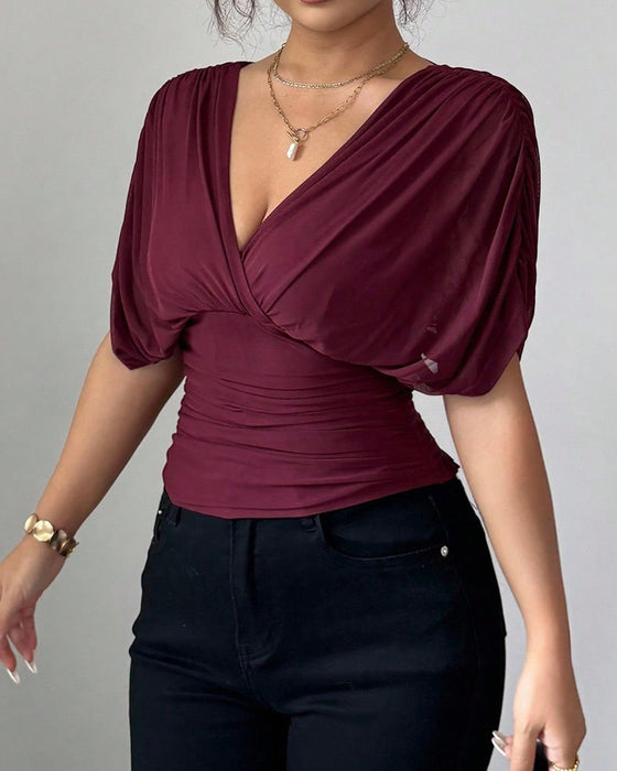 Bluse Solid Farge Dyp V-Hals Midje Kort Erme