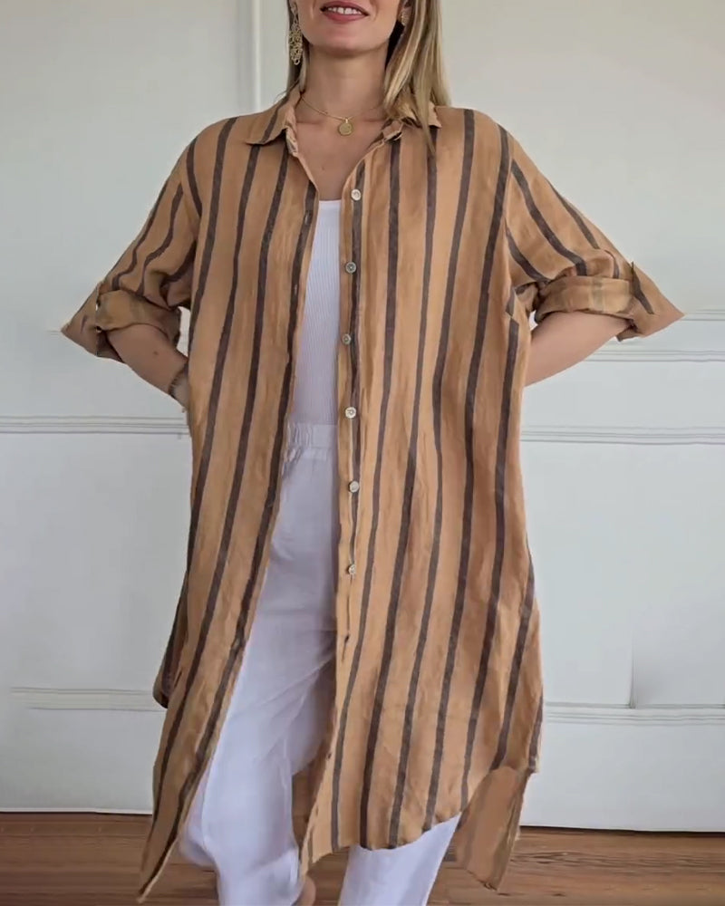 Kjole Uformell Nedbrettet Krave Knapp Foran Stripet